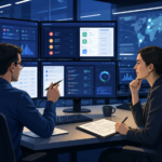 Evaluating MSSP portal usability with cybersecurity experts reviewing secure dashboards and client portal workflows.