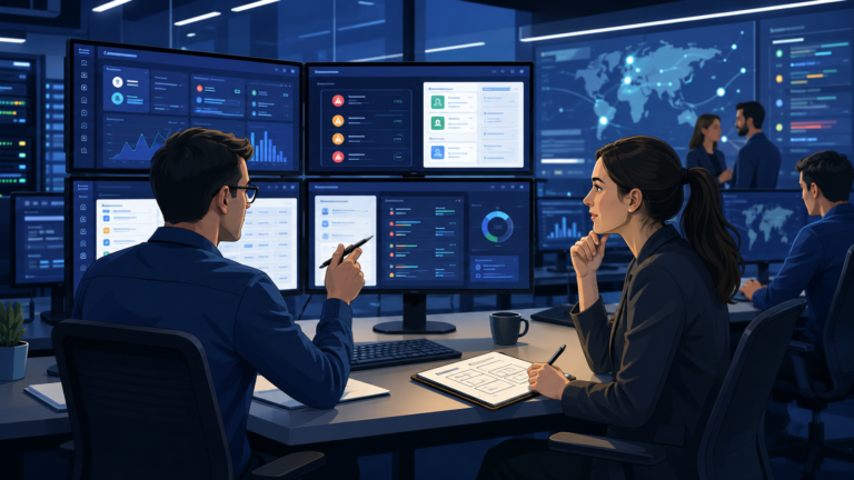 Evaluating MSSP portal usability with cybersecurity experts reviewing secure dashboards and client portal workflows.