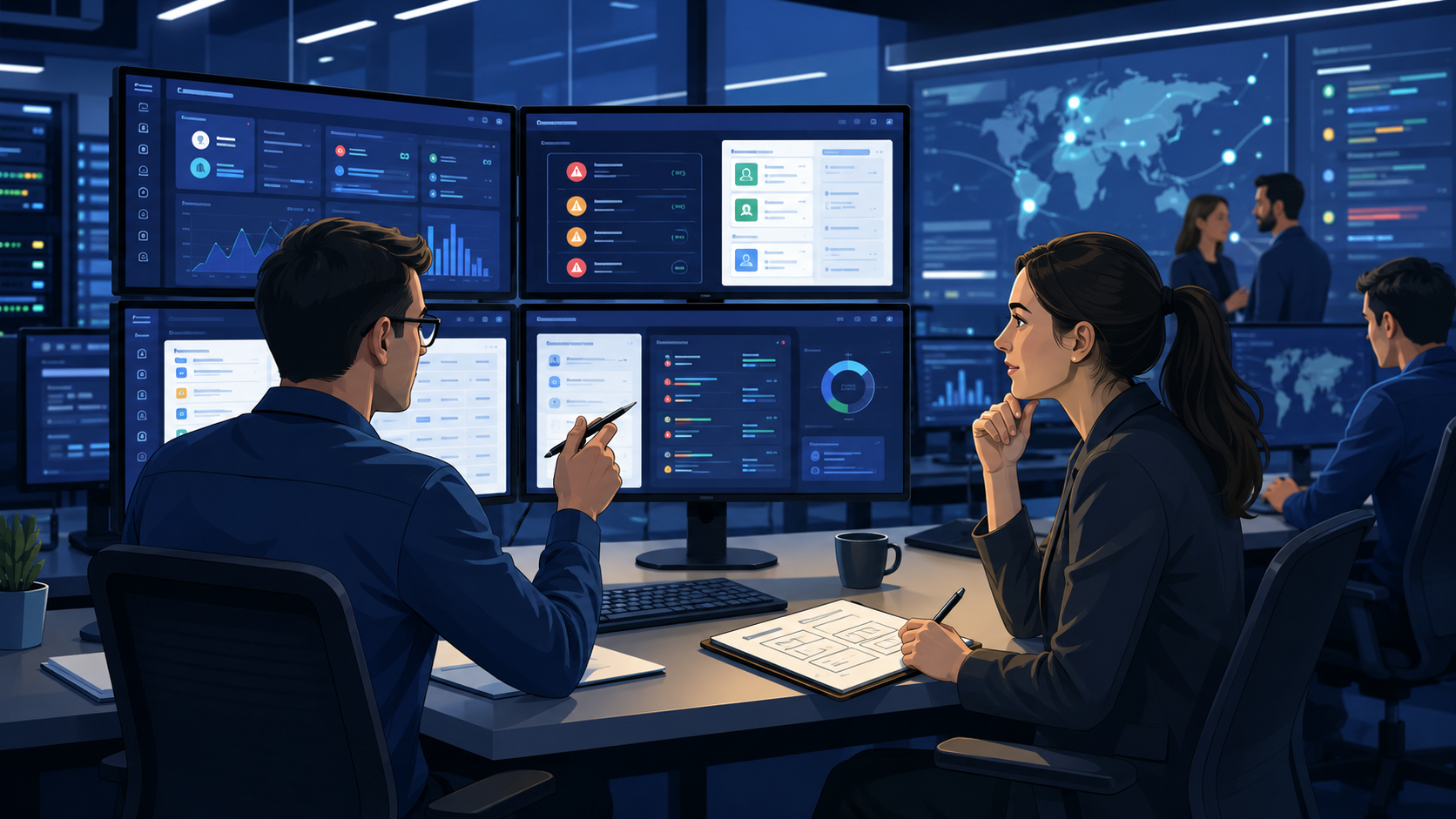 Evaluating MSSP portal usability with cybersecurity experts reviewing secure dashboards and client portal workflows.