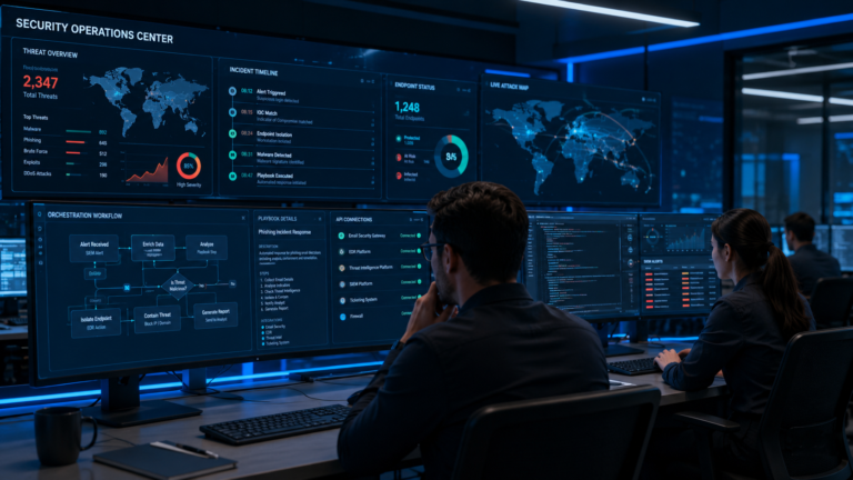 Choosing SOAR Platforms Guide showing SOC analysts monitoring security dashboards and automated response workflows
