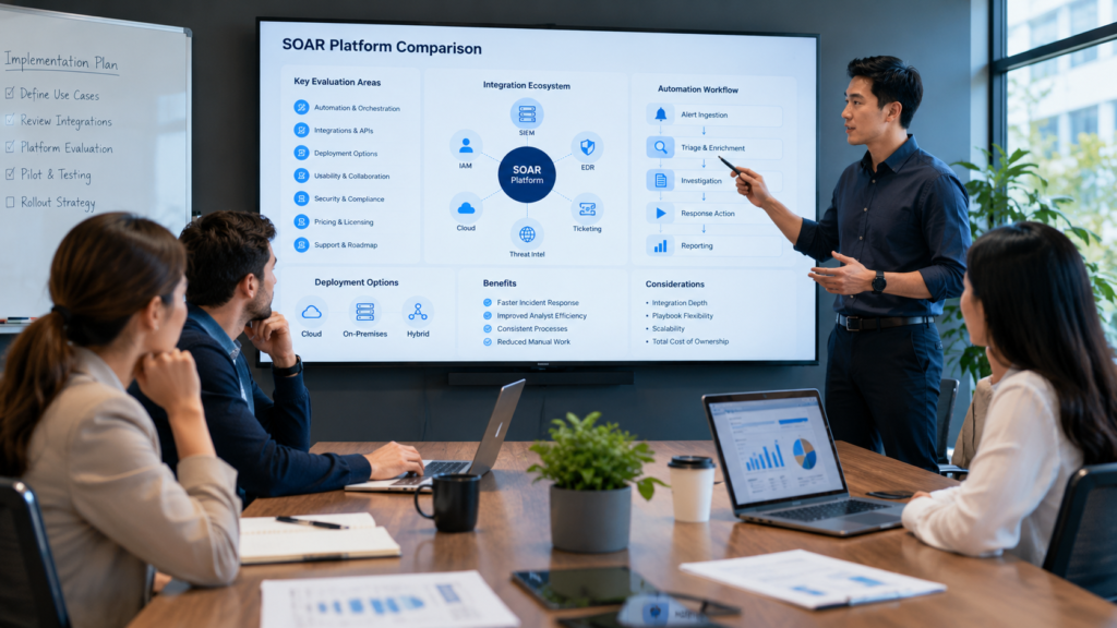 Choosing SOAR Platforms Guide showing a security consultant presenting platform evaluation to an enterprise team