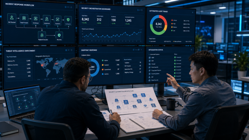 Choosing SOAR Platforms Guide showing cybersecurity architects reviewing SOC dashboards and security workflows