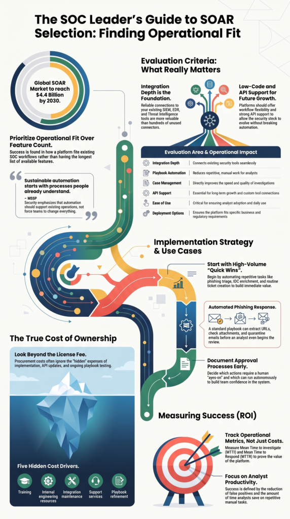 Choosing SOAR Platforms Guide infographic showing SOC automation, platform evaluation, pricing, and implementation flow