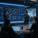 Choosing Threat Intelligence Platform (TIP) with analysts reviewing proof of concept results and security dashboards