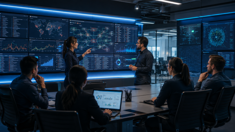 Choosing Threat Intelligence Platform (TIP) with analysts reviewing proof of concept results and security dashboards