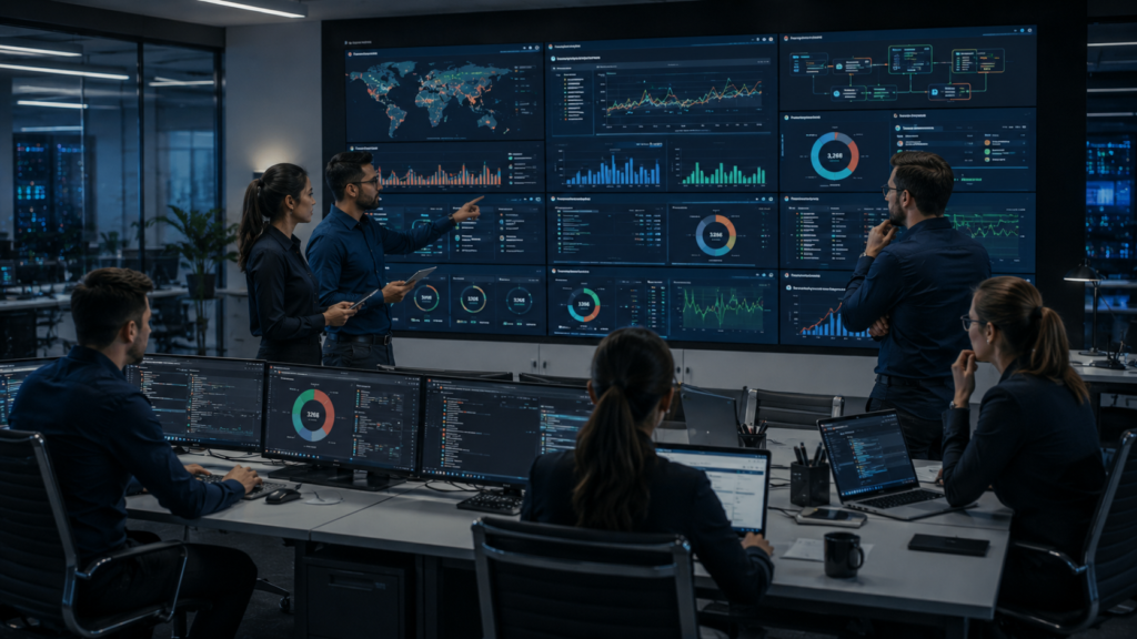 Choosing Threat Intelligence Platform (TIP) with SOC analysts reviewing dashboards and security performance metrics