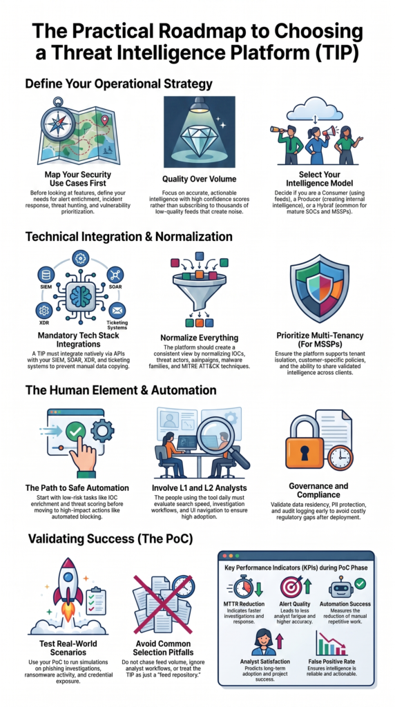 Choosing Threat Intelligence Platform (TIP) infographic showing security workflows, governance, and analyst evaluation
