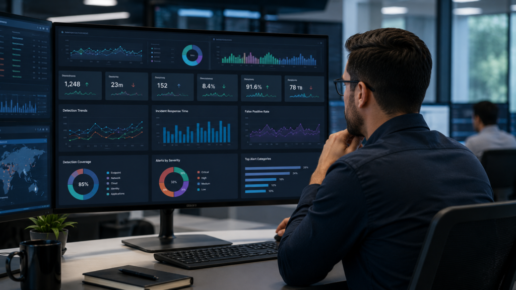 Integrating different SIEM platforms with a cybersecurity analyst reviewing security operations performance metrics