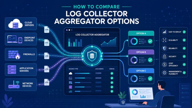 Diagram comparing Log Collector Aggregator Options across scalability, security, reliability, and cost efficiency factors.