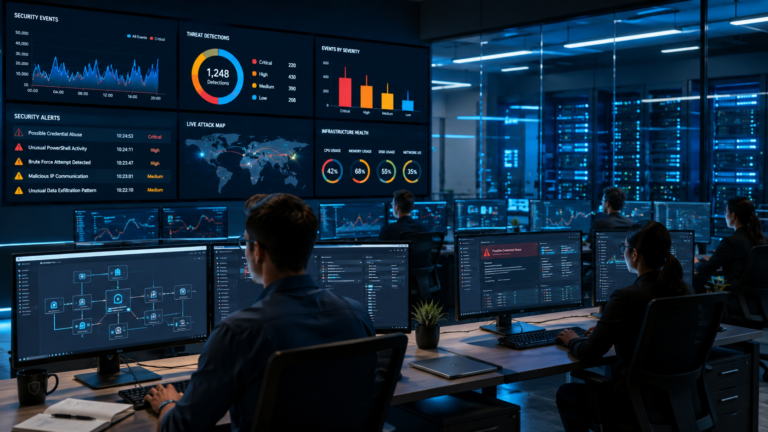 Open source SIEM alternatives MSSP security analysts monitoring enterprise SOC dashboards and infrastructure