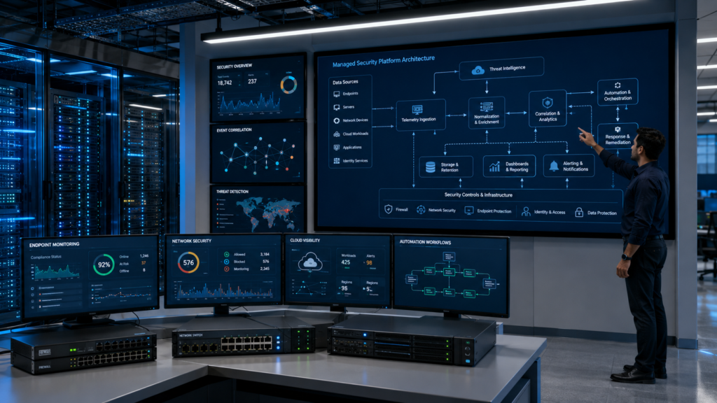 Open source SIEM alternatives MSSP engineer reviewing enterprise security architecture in a modern data center