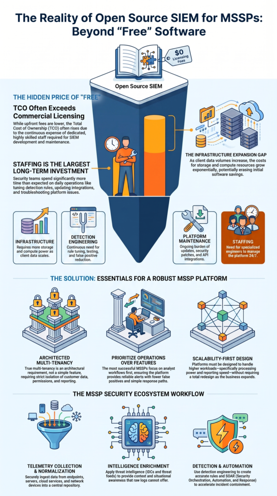 Open source SIEM alternatives MSSP infographic showing security platform costs, scalability, and multi-tenant architecture