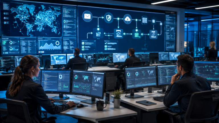 SOAR use cases automation examples in a modern SOC with analysts monitoring automated security operations.