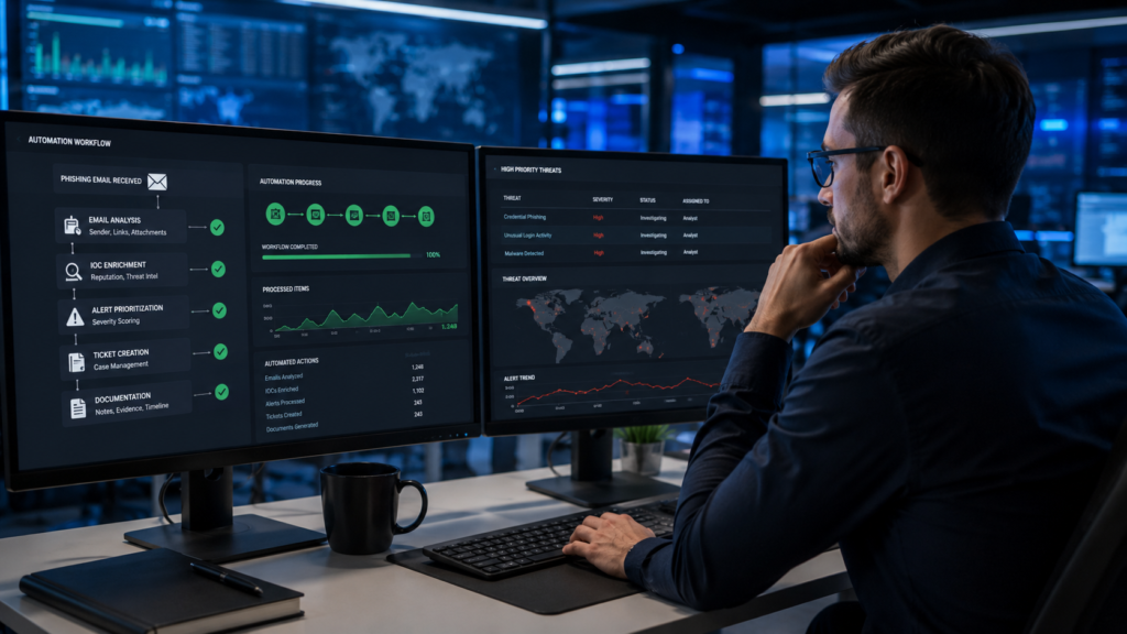 SOAR use cases automation examples showing a cybersecurity analyst reviewing automated security workflows