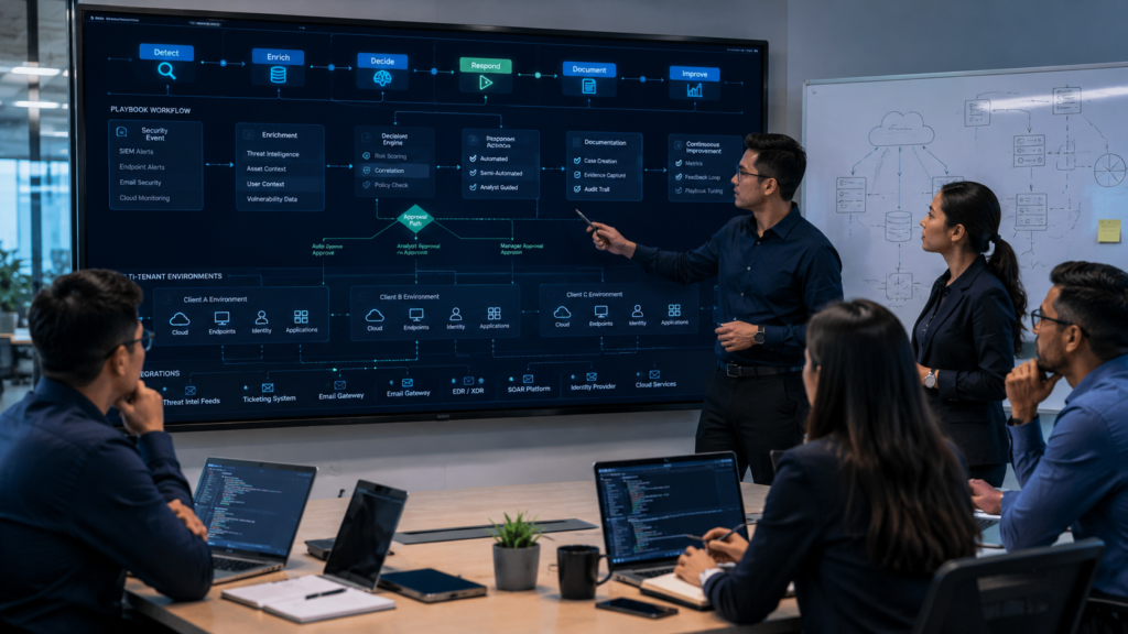 SOAR use cases automation examples shown during a cybersecurity team planning scalable security playbooks.