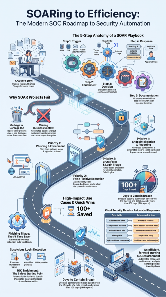 SOAR use cases automation examples illustrated through security automation workflows and incident response steps.