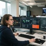 Analyst tracking threat data across multiple monitors, evaluating virtual firewall cloud security options 