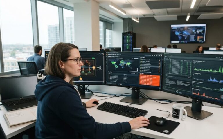 Analyst tracking threat data across multiple monitors, evaluating virtual firewall cloud security options 