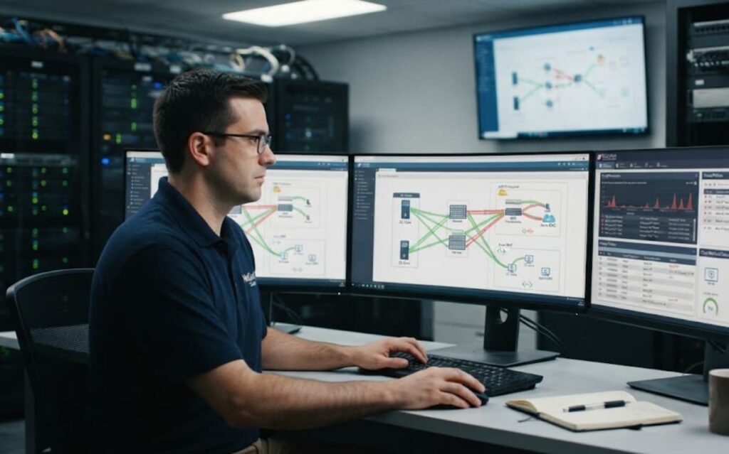 IT specialist monitoring network dashboards, exploring virtual firewall cloud security options in a server room