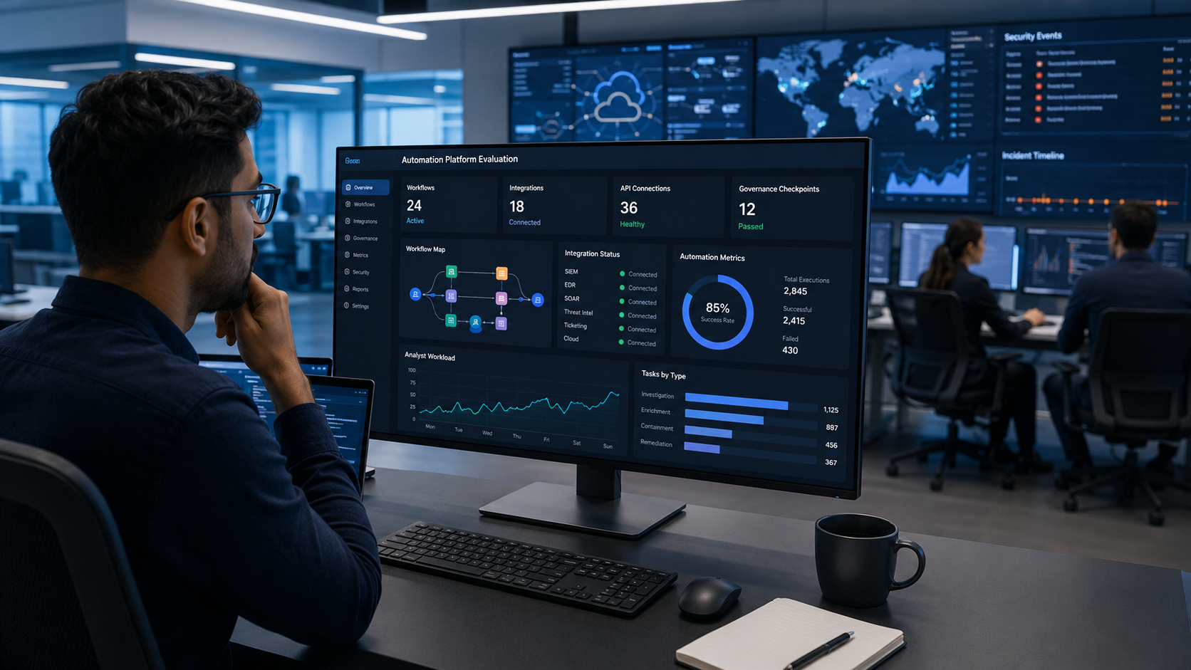 Security automation platform selection dashboard reviewed by a cybersecurity architect in a modern SOC.