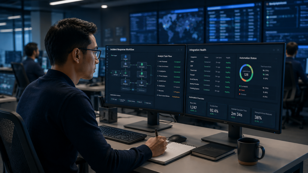 Cybersecurity analyst reviewing Security automation platform selection workflows on dual monitors in a SOC.