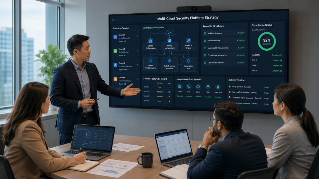Security automation platform selection discussion during a cybersecurity consulting strategy meeting.