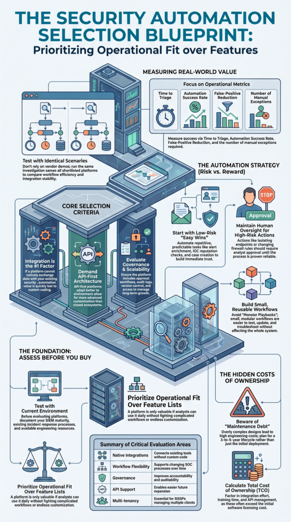 Security automation platform selection infographic showing evaluation criteria and automation best practices.