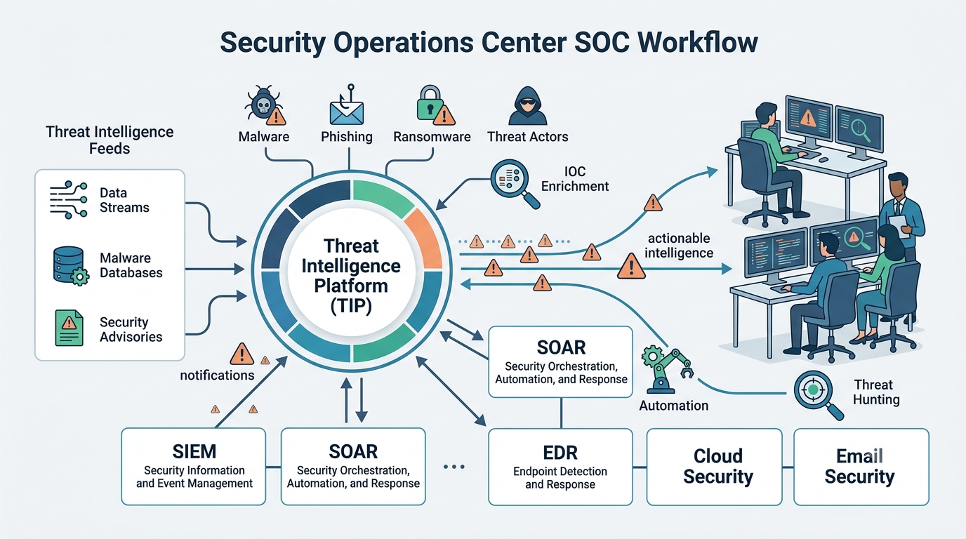 Threat Intelligence Platform (TIP) benefits displayed through SOC performance metrics and automated workflows 
