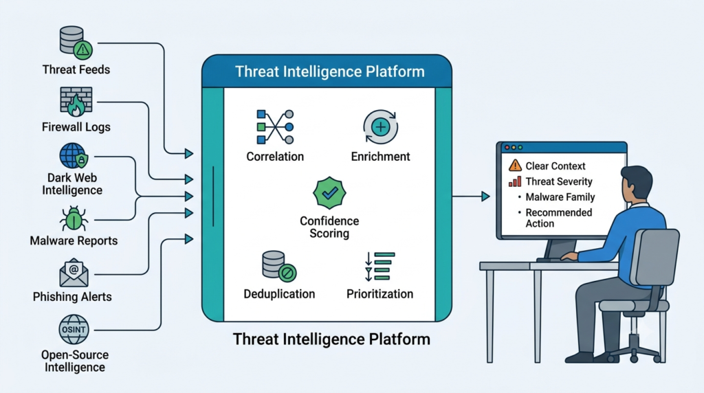 Threat Intelligence Platform (TIP) benefits showing threat data transformed into actionable security intelligence 