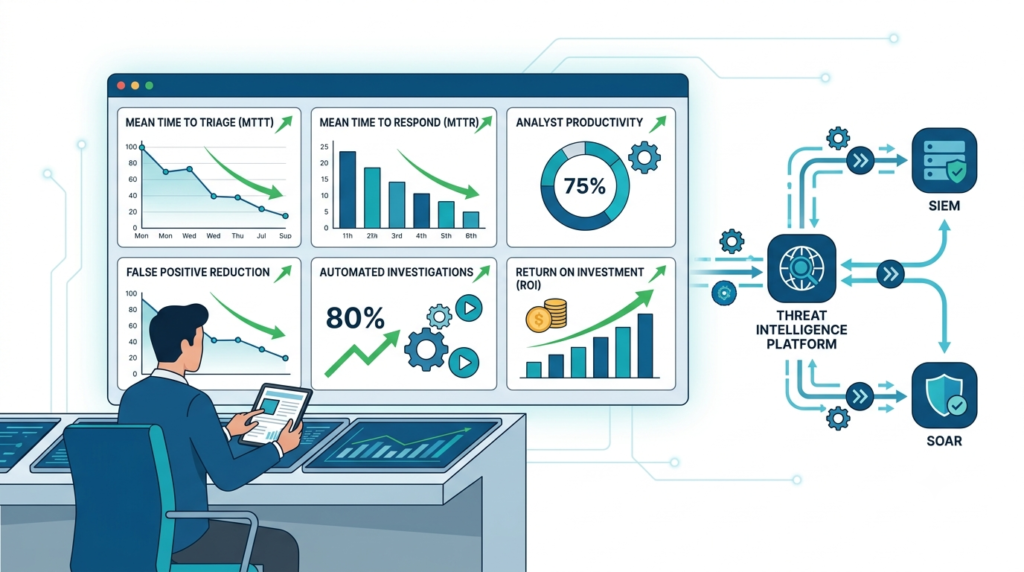Threat Intelligence Platform (TIP) benefits shown through a SOC workflow connecting SIEM, SOAR, EDR, and threat feeds
