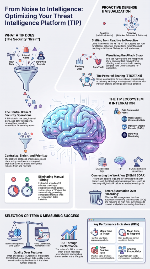 Threat Intelligence Platform (TIP) benefits illustrated through centralized intelligence, automation, and threat analysis 