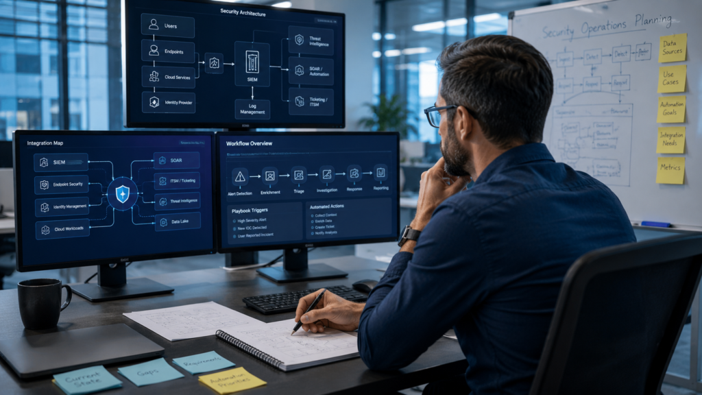 Top SOAR Platforms Comparison Guide showing a cybersecurity architect planning security automation workflows