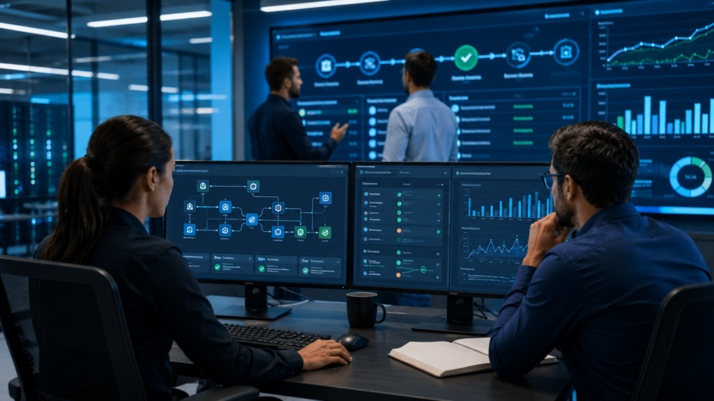 Top SOAR Platforms Comparison Guide showing analysts validating security automation workflows in a modern SOC