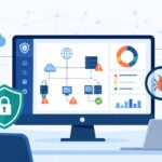 Illustration depicting Vulnerability Scanner Technology Explained via network dashboard, security shield, and bug detection icons