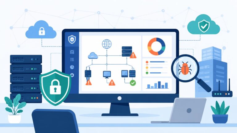 Illustration depicting Vulnerability Scanner Technology Explained via network dashboard, security shield, and bug detection icons