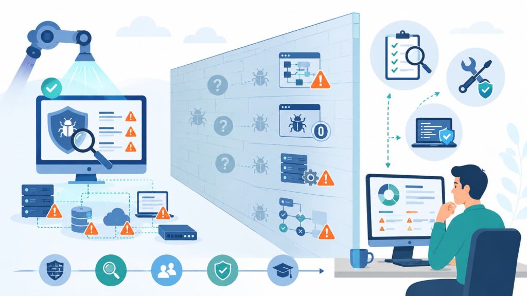 Illustration of Vulnerability Scanner Technology Explained showing scanning robot, hidden flaws, and analyst reviewing risks