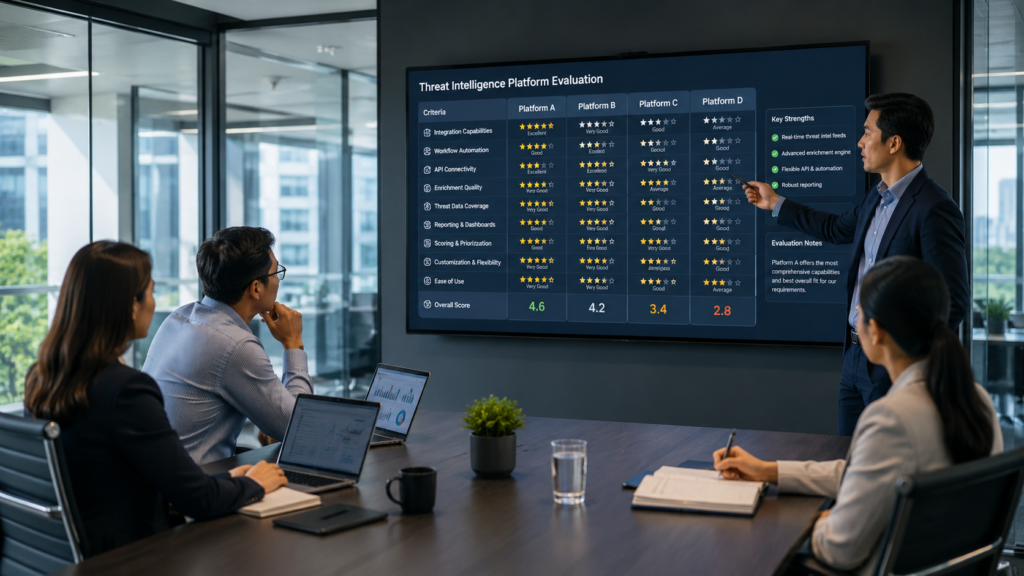 Team evaluating What is Threat Intelligence Platform (TIP) during a cybersecurity software review meeting.