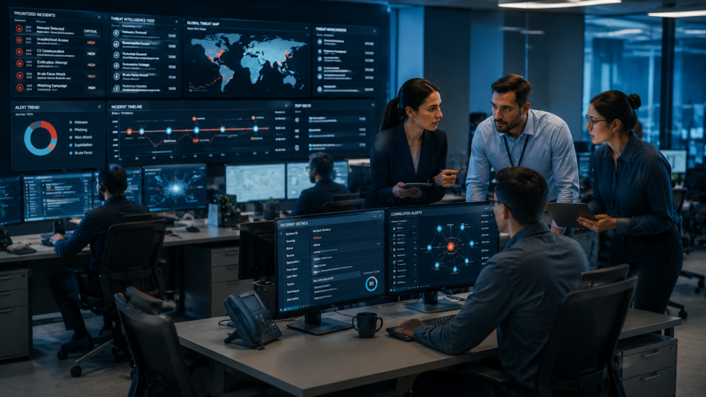 Team evaluating What is Threat Intelligence Platform (TIP) during a cybersecurity software review meeting.