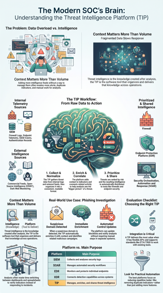 What is Threat Intelligence Platform (TIP) infographic showing intelligence workflows, integrations, and SOC processes.