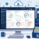 Illustration of secure login and dashboard view for accessing MSSP client portal reports on security and compliance metrics.