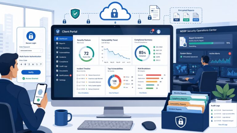 Illustration of secure login and dashboard view for accessing MSSP client portal reports on security and compliance metrics.