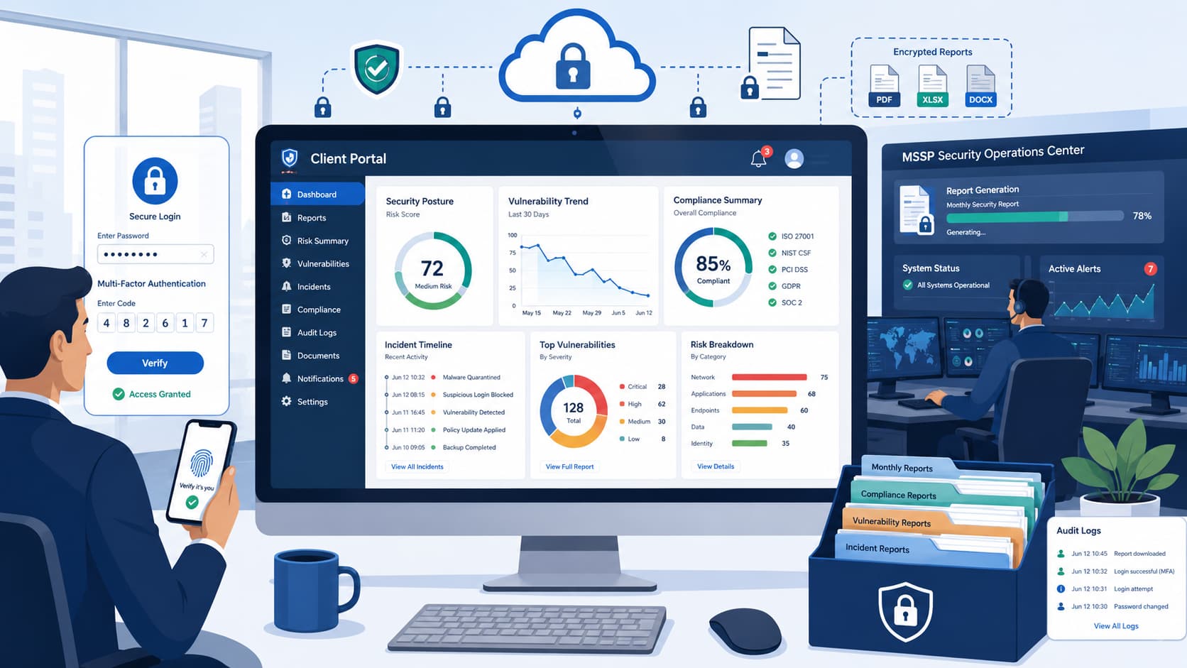 Illustration of secure login and dashboard view for accessing MSSP client portal reports on security and compliance metrics.