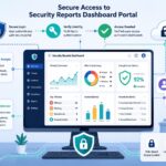 Illustration of accessing security reports dashboards portal with role-based logins, MFA, and threat overview data.