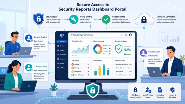 Illustration of accessing security reports dashboards portal with role-based logins, MFA, and threat overview data.