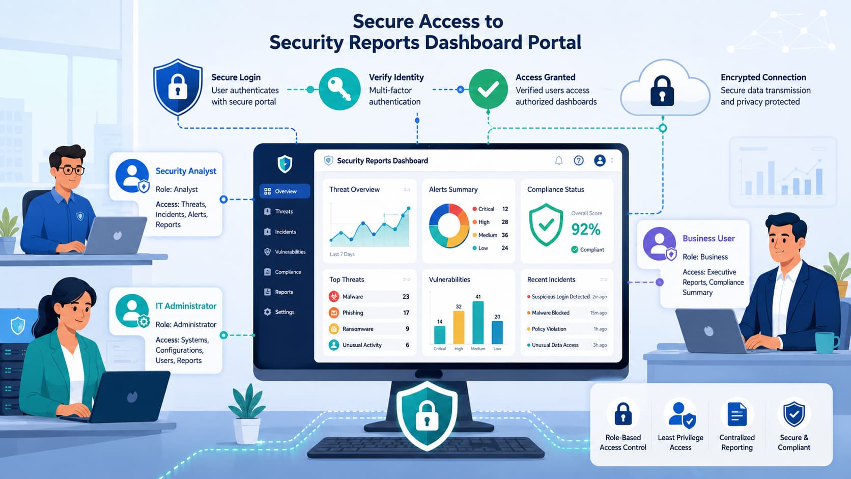 Illustration of accessing security reports dashboards portal with role-based logins, MFA, and threat overview data.