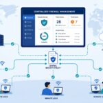 Dashboard illustrating centralized firewall management tools connecting offices, cloud, data centers, and remote users 