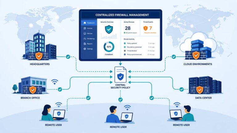 Dashboard illustrating centralized firewall management tools connecting offices, cloud, data centers, and remote users 