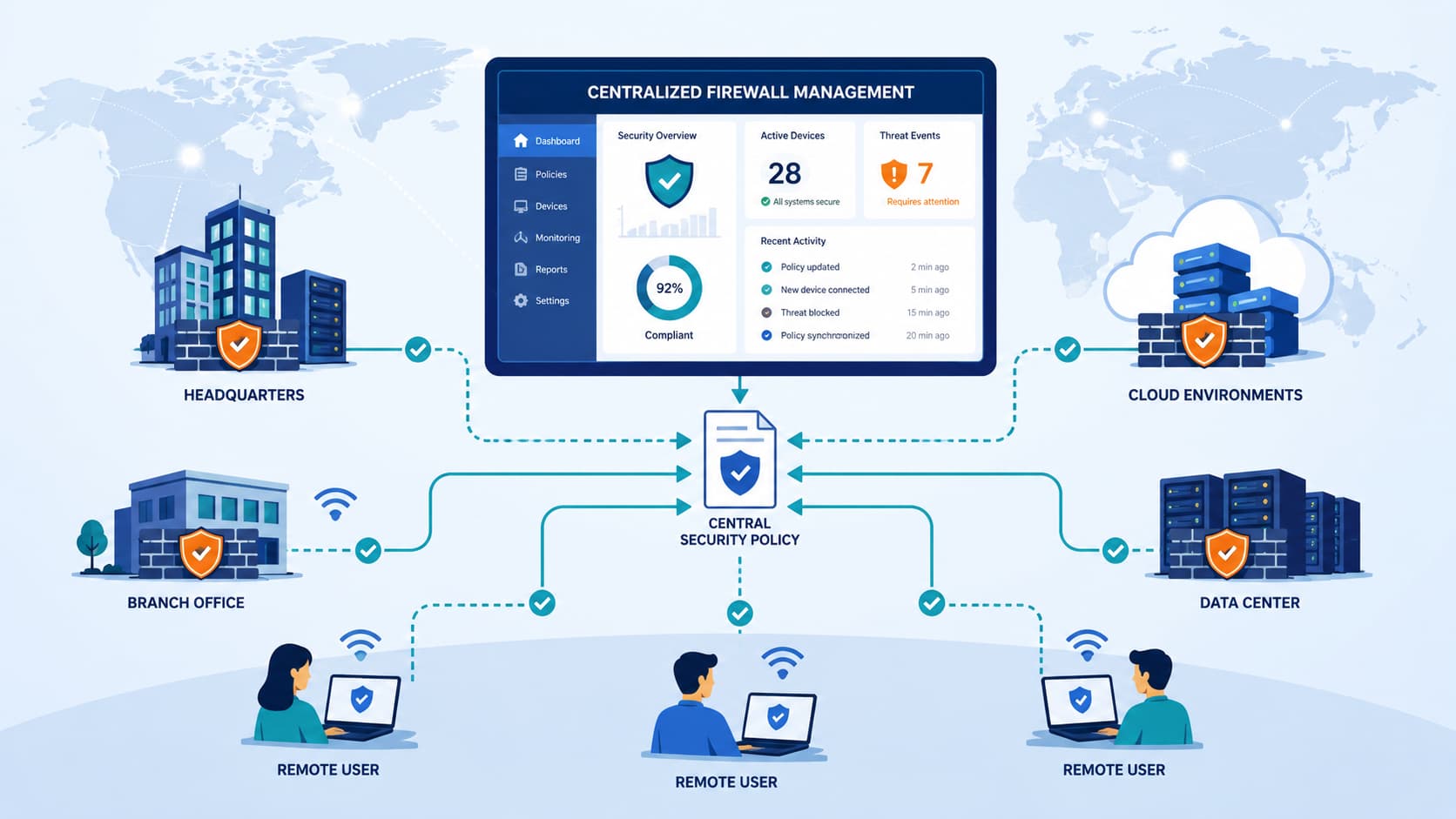 Dashboard illustrating centralized firewall management tools connecting offices, cloud, data centers, and remote users 