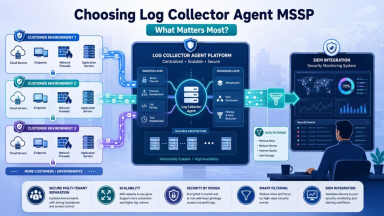 Diagram for choosing log collector agent mssp: multi-tenant ingestion, processing, filtering, and SIEM integration flow