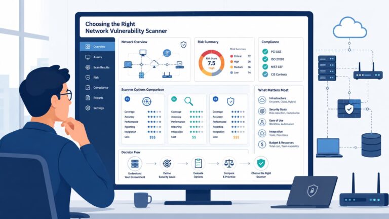 Illustration of a person choosing network vulnerability scanner options on a dashboard comparing coverage, cost, and compliance.